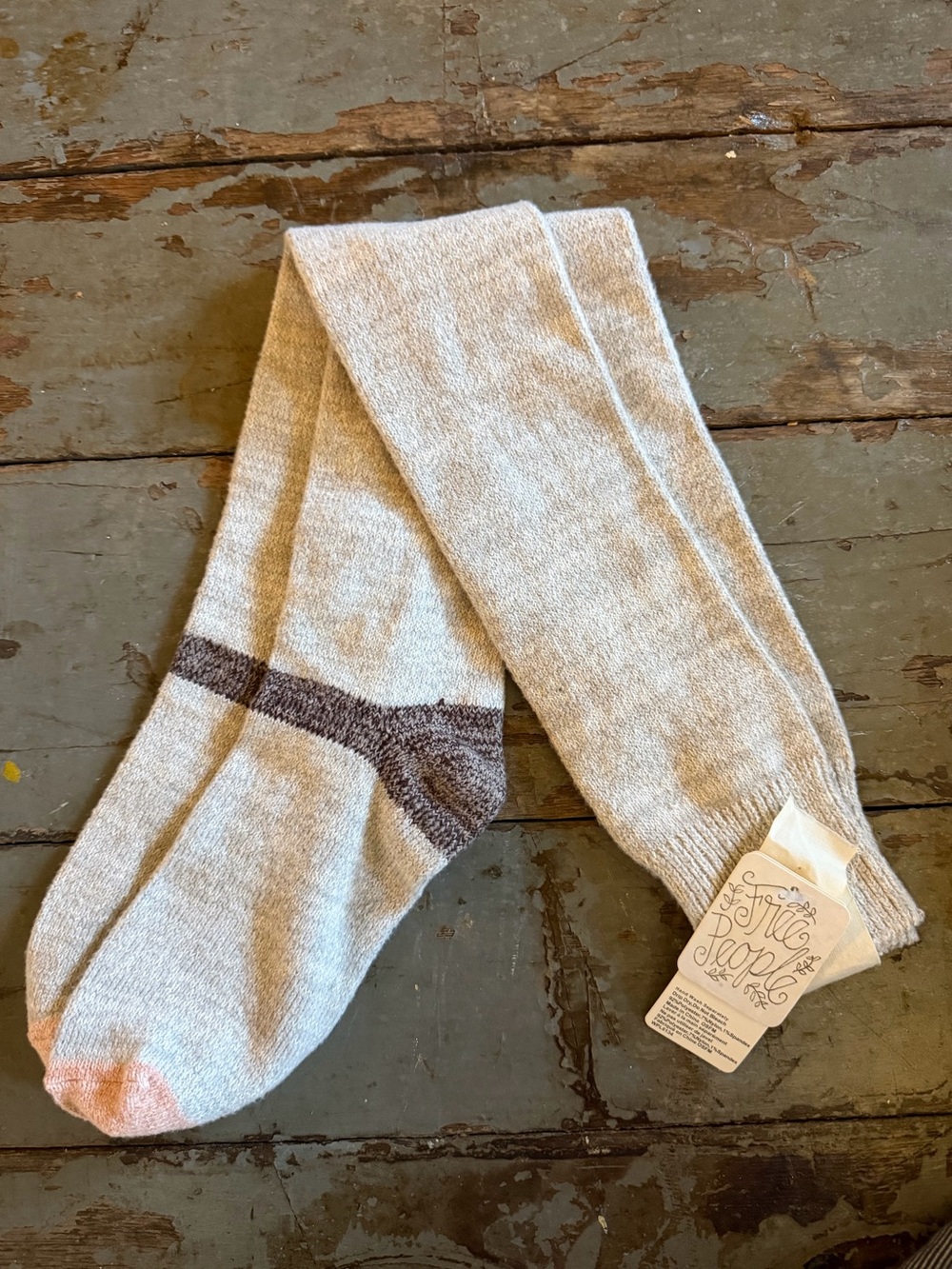NWT Free People OTK Light Heather Gray Crew Socks with Brown Heel and Pink Toe